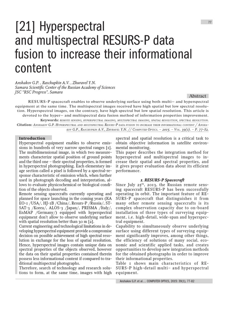 Hyperspectraland Multispectral RESURS-P Data Fusion To Increase Their ...