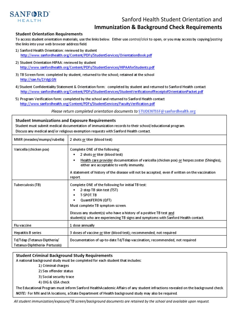 Sanford Health Student Immunization Guide | PDF | Vaccines | Tuberculosis