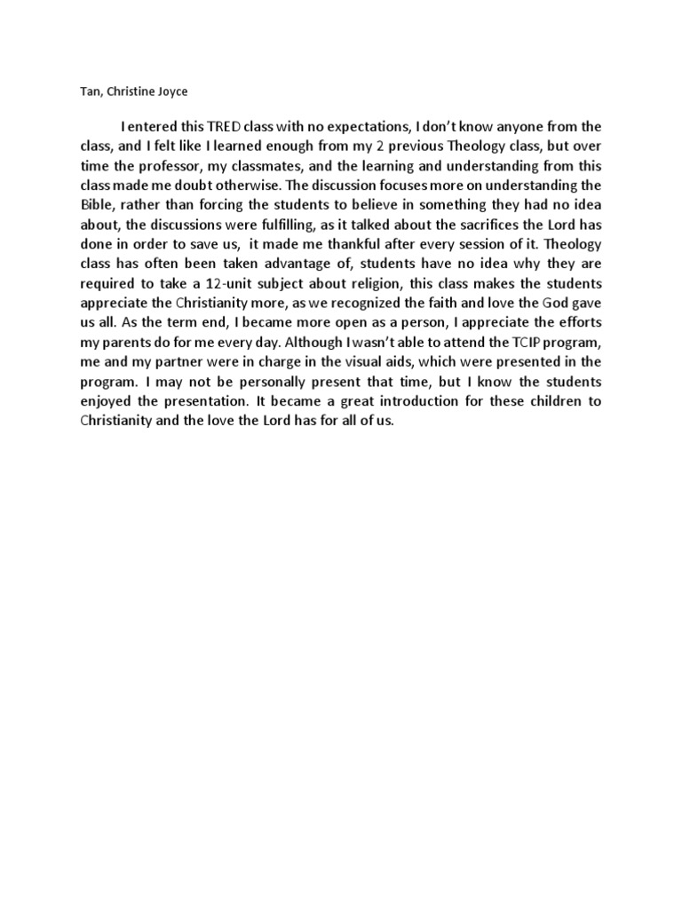 Theology Class Reflection | PDF | Self-Improvement