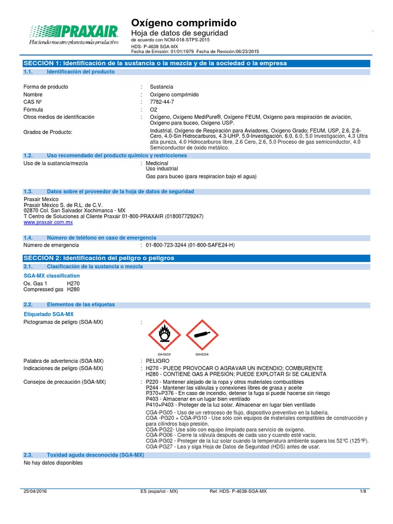 Hoja de Seguridad: Oxígeno Comprimido | PDF | Oxígeno | Agua