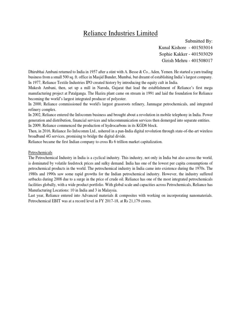 Reliance Industries Porter's Five Forces Model PDF Oil Refinery