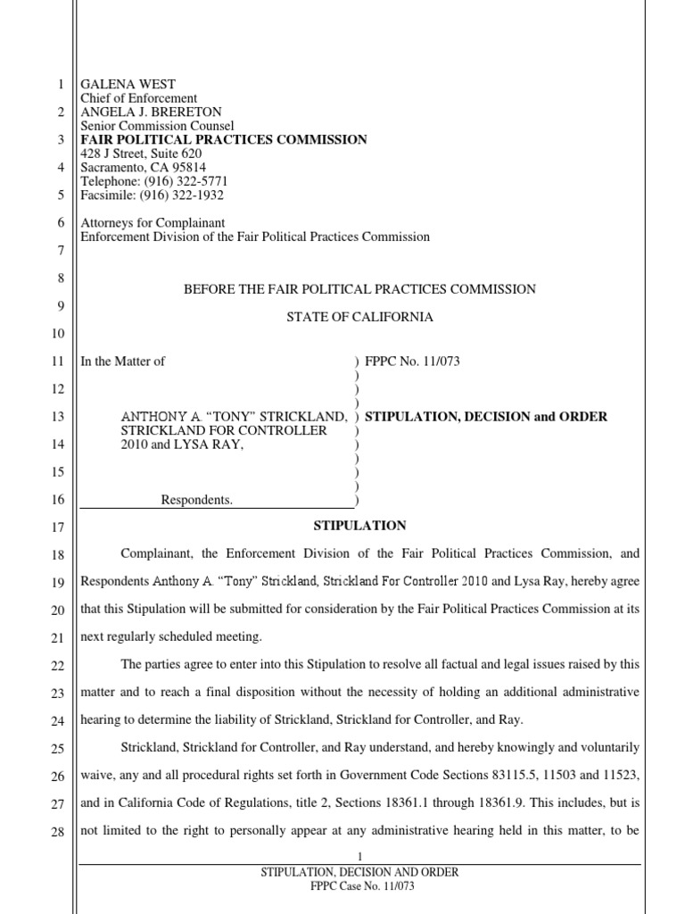 FPPC Case 11/073: Strickland Stipulation | PDF | Legal Liability | U.S ...