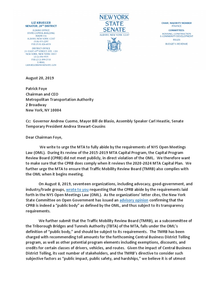 Letter To MTA Regarding Open Meetings Law PDF New York State Senate