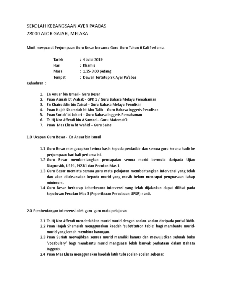 Minit Mesyuarat Perjumpaan Guru Tahun 6 Bersama Gb Pdf