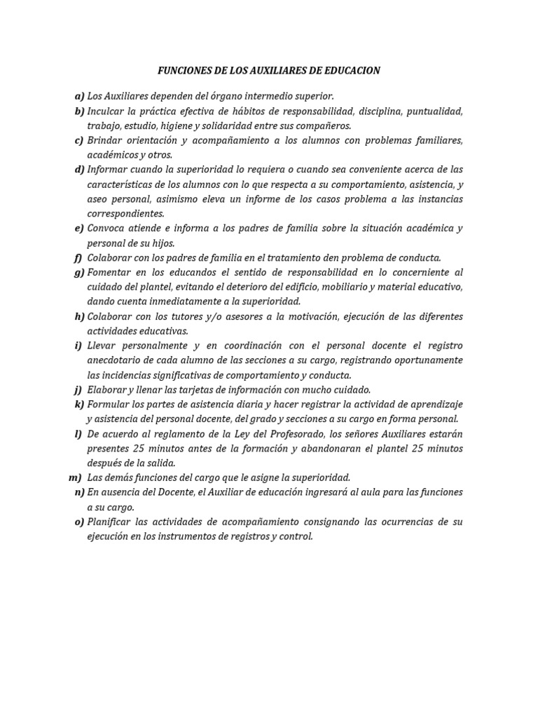 Funciones del Auxiliar de Educación | PDF | Salón de clases | Maestros