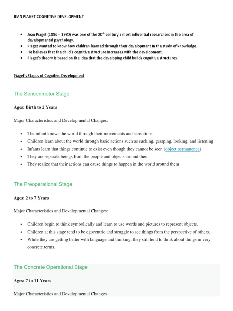Piaget's Stages of Cognitive Development | PDF | Cognitive Development ...