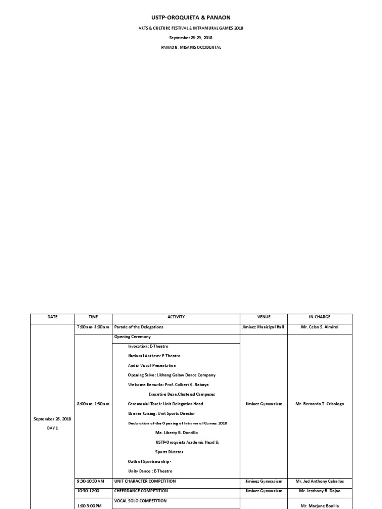 Schedule Of Activities PDF Performing Arts Entertainment