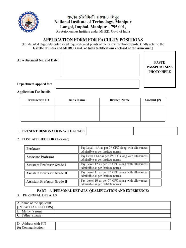 Faculty Application Form - NIT Manipur | PDF | Doctorate
