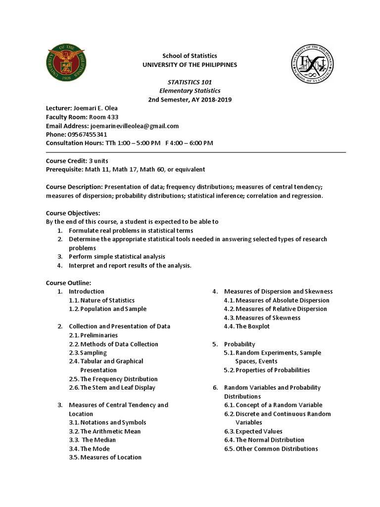 Stat 101 Syllabus Pdf Expected Value Probability Distribution