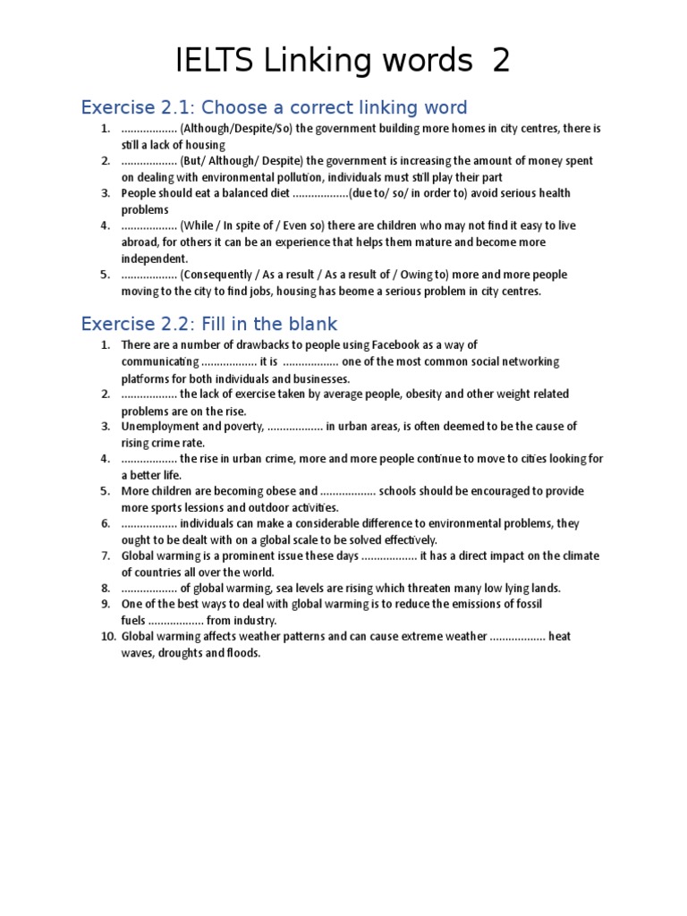 IELTS Linking Words 2 Exercise 2.1 Choose A Correct Linking Word