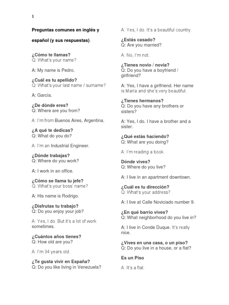 Preguntas y respuestas comunes en inglés y español | PDF