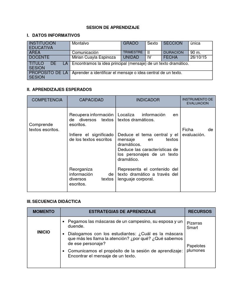 Sesión de Aprendizaje Lectura Cuarto Grado | PDF | Evaluación | Aprendizaje