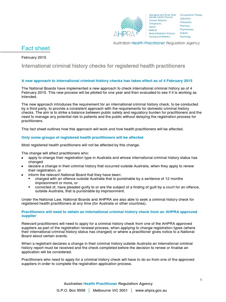 AHPRA Fact Sheet International Criminal History Checks for Registered