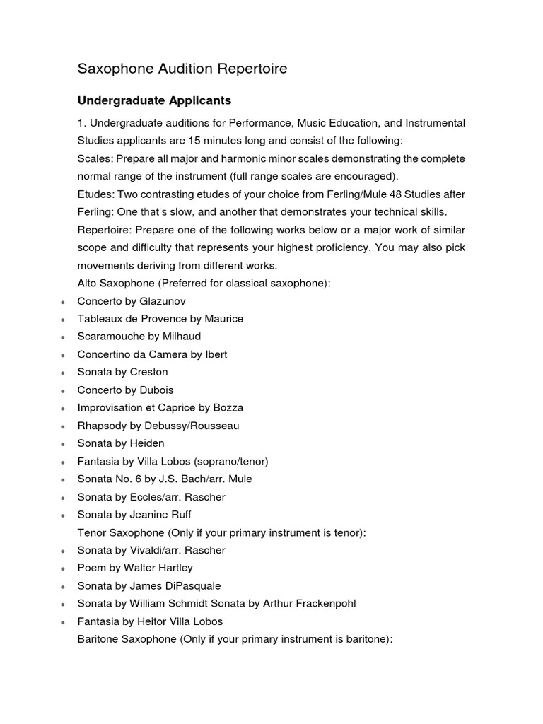 Saxophone Audition Repertoire PDF Saxophone Audition