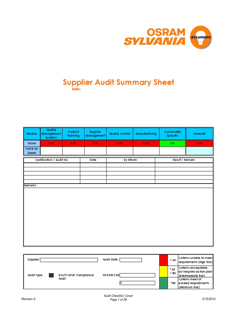 Supplier Audit Checklist Quality Management System Quality Management