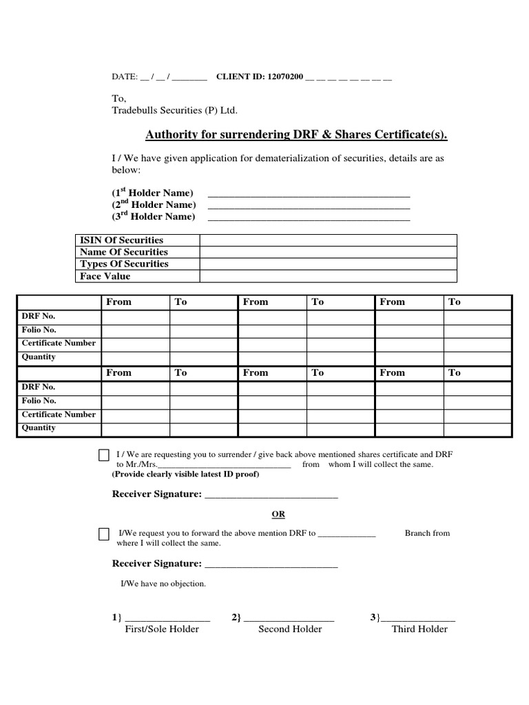 Authority for Surrendering Shares Certificate | PDF | Law