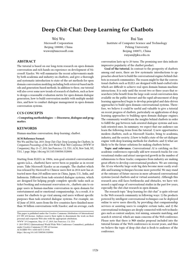 Deep Chit-Chat: Deep Learning For Chatbots: Wei Wu Rui Yan | PDF | Deep ...