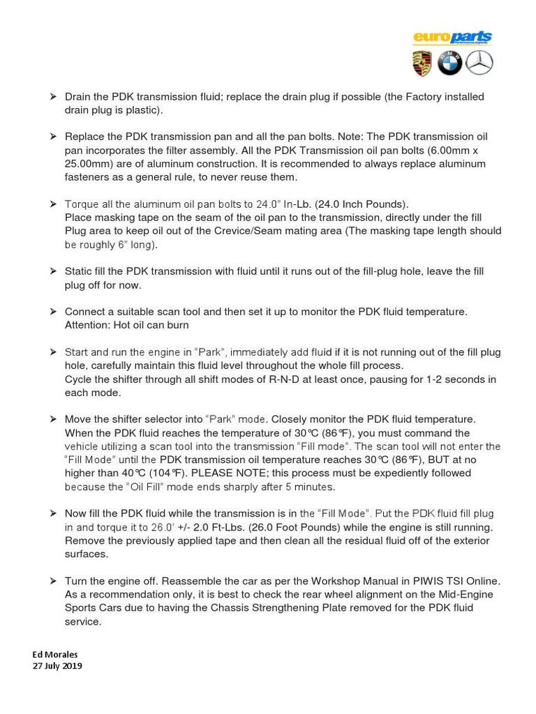 PDK Transmission Fluid Change PDF Transmission (Mechanics) Screw