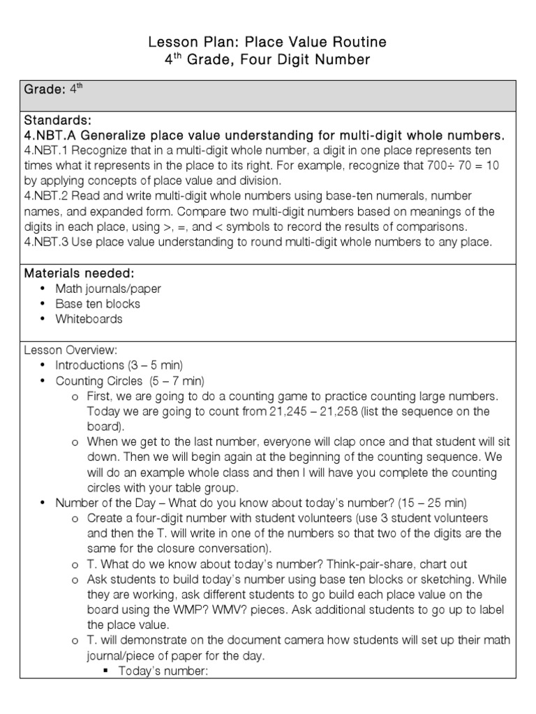 4th Grade Place Value Lesson Plan | PDF | Numbers | Cognitive Science