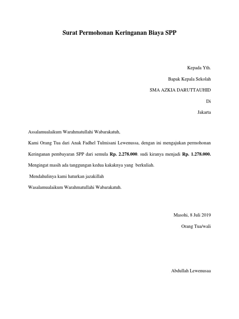 Surat Permohonan Keringanan Biaya Spp