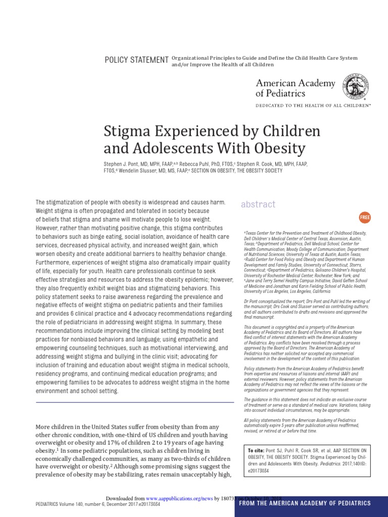 AAP Obesity Policy Statement PDF Social Stigma Obesity