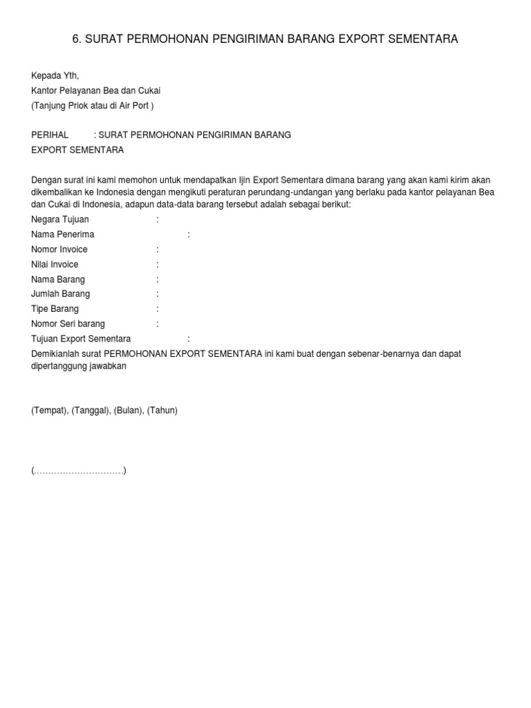 Surat Permohonan Pengiriman Barang Export Sementara Pdf
