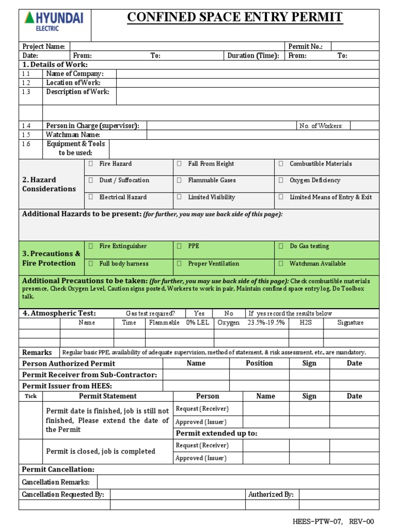 07 Confined Space Entry Permit PDF Prevention Occupational