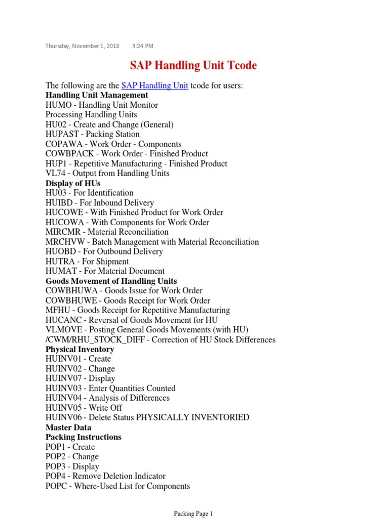 SAP Handling Unit Tcode PDF