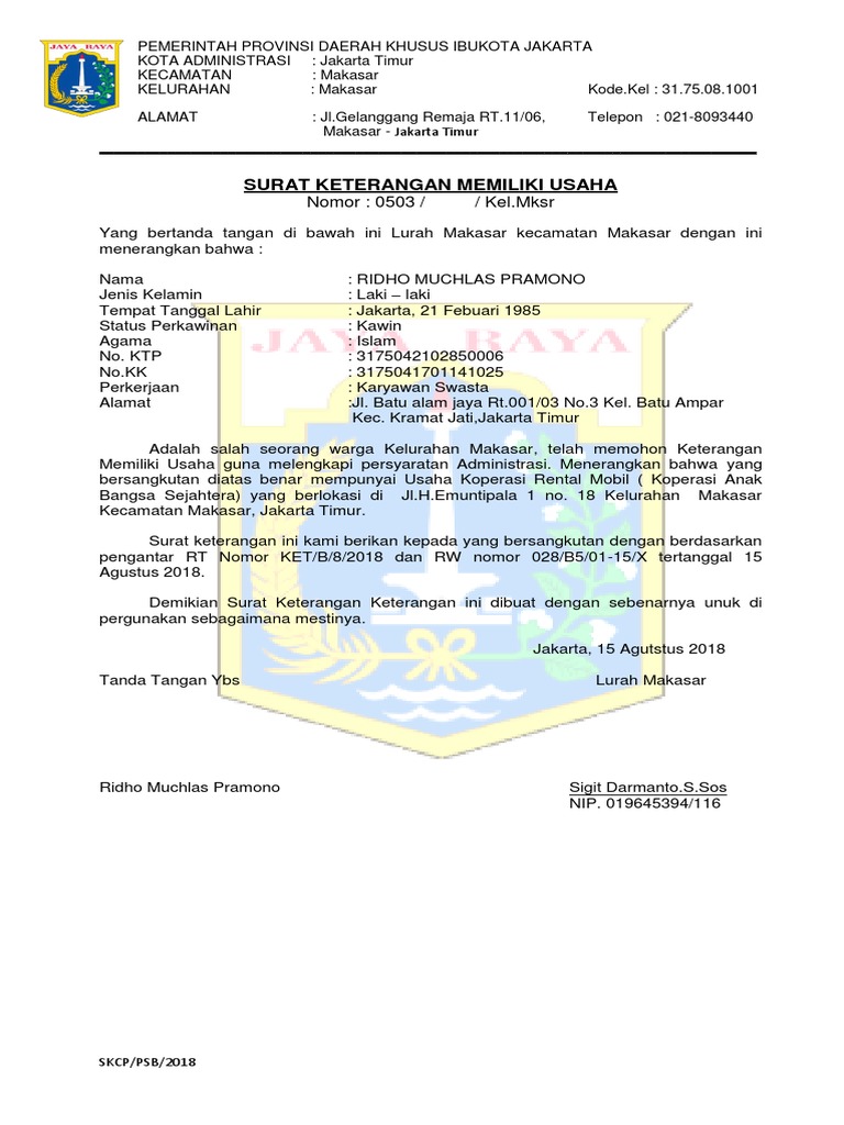 Sample Surat Keterangan Memiliki Usaha