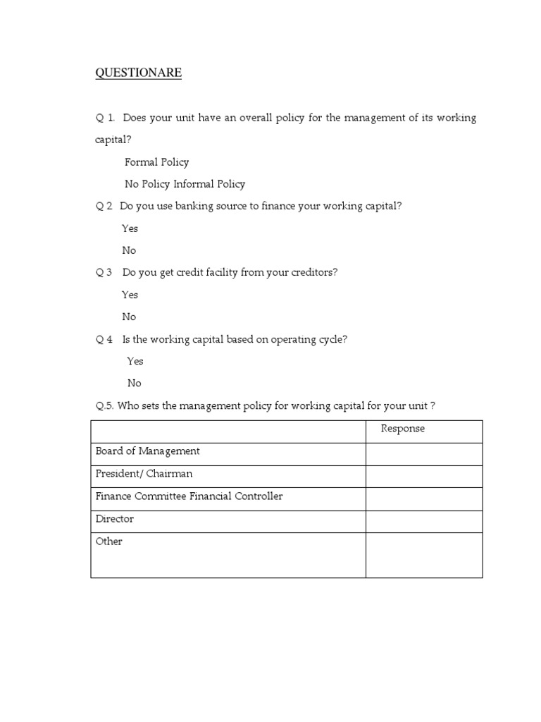 5 Questionnaire | PDF | Working Capital | Debt