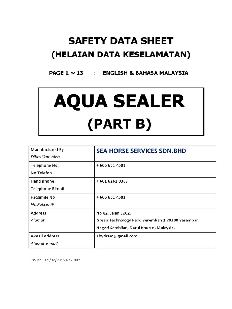 Sds Aqua Sealer Part B (Rev.02) English&Malay PDF Chemistry