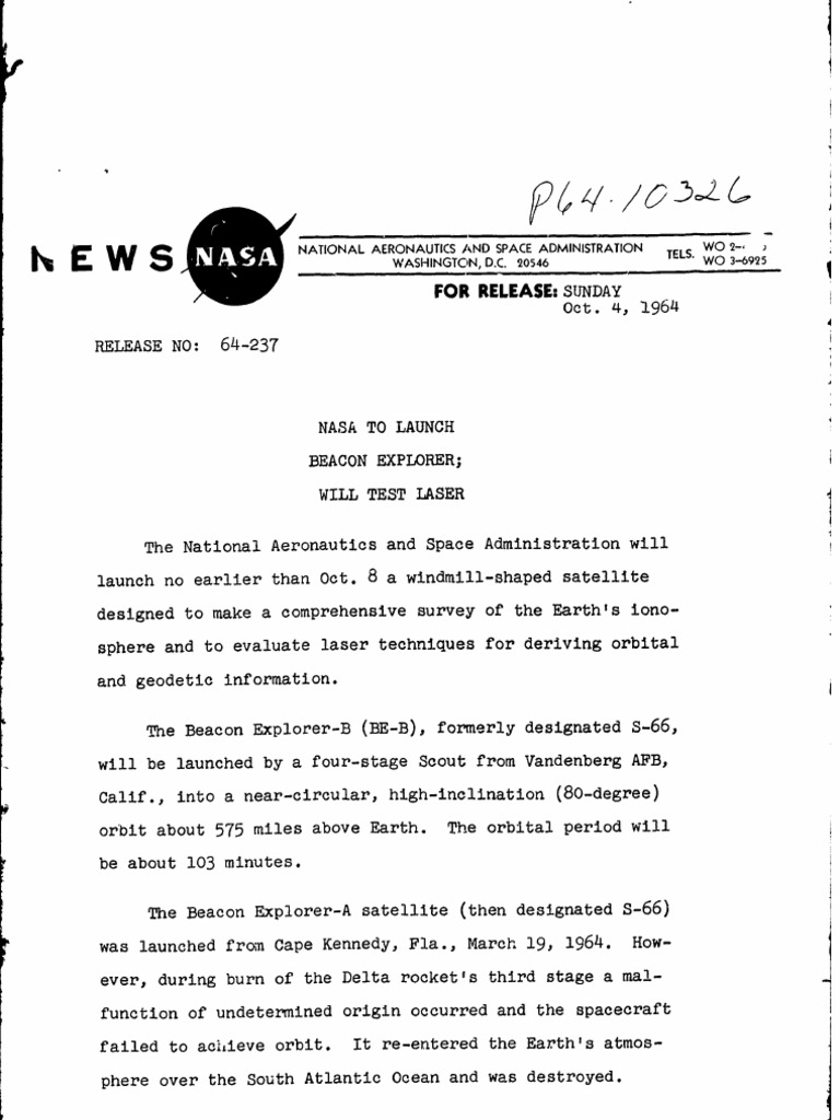 Beacon Explorer B Press Kit PDF Ionosphere Satellite