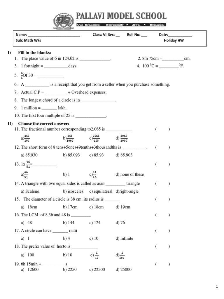 STD 6 Math Holiday Work Sheet 1 | PDF | Litre | Triangle