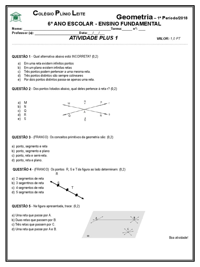 Atividade de geometria sobre conceitos básicos de ponto, reta e plano ...