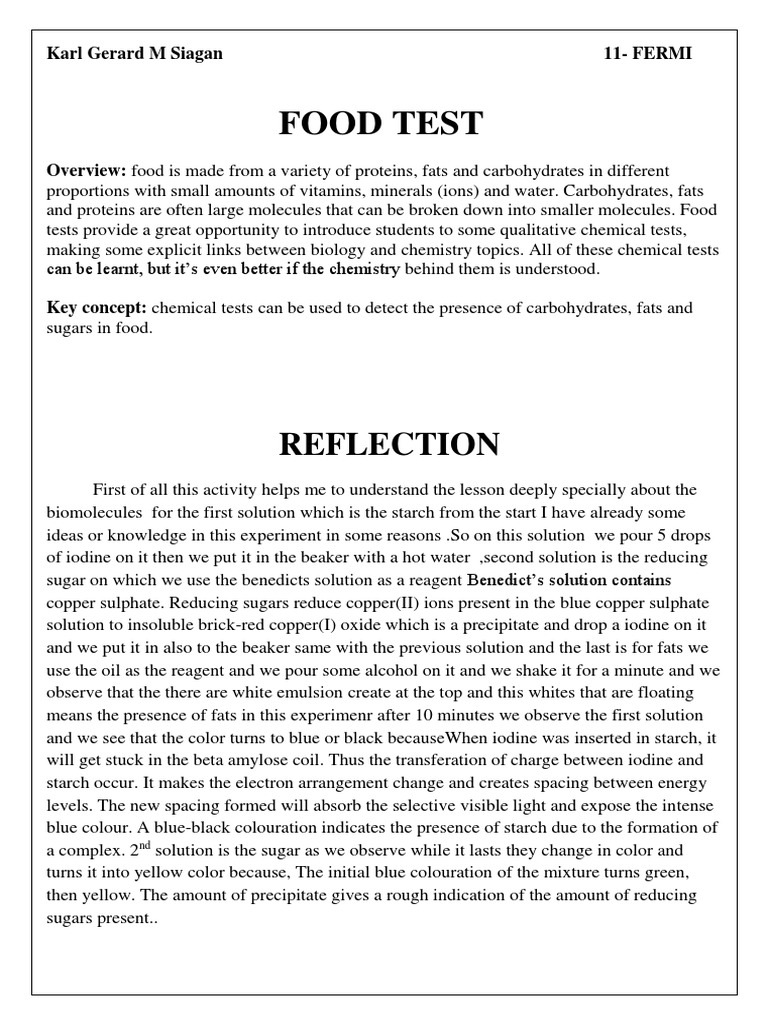 Food Test Reflection PDF Chemical Compounds Chemistry