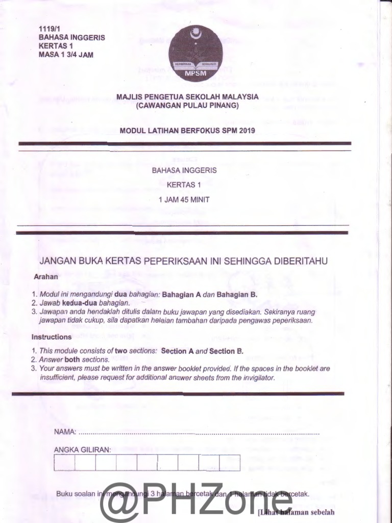 2019 Percubaan SPM Bahasa Inggeris Pulau Pinang - Kertas 1 