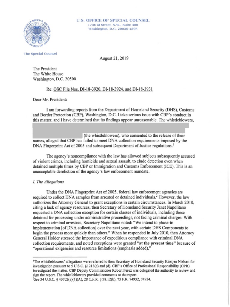 Office of Special Counsel letter to the White House on CBP Business