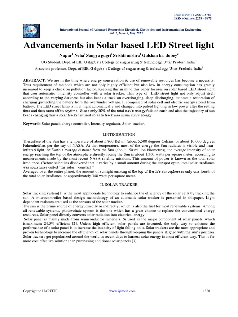 Solar Based LED Street Light PDF | PDF | Battery Charger | Sun