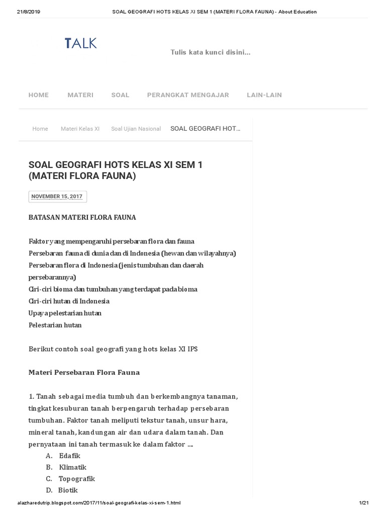 Soal Geografi Hots Kelas Xi Sem 1 Materi Flora Fauna About Education