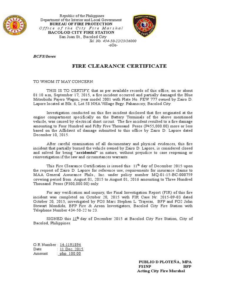 Fire Clearance Certificate BCFS/Inves PDF Violence