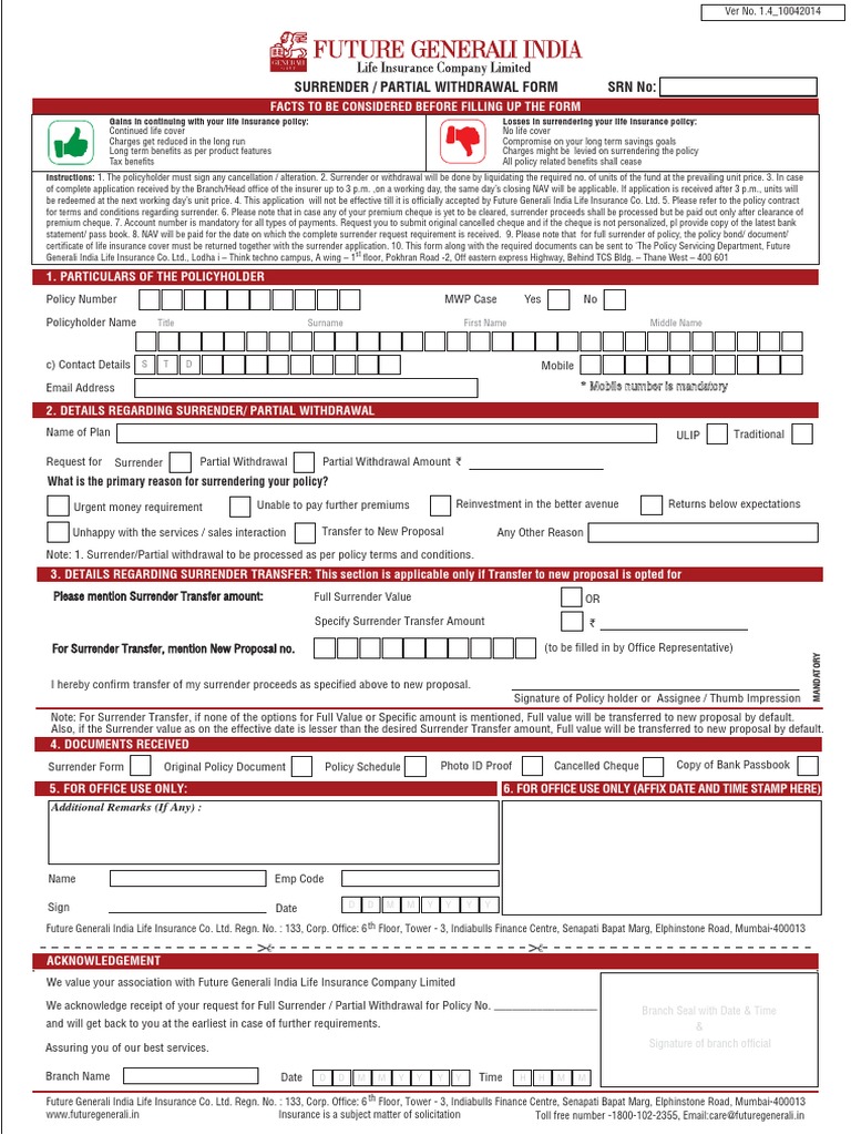Surrender/Partial Withdrawal Application Form | PDF | Life Insurance ...