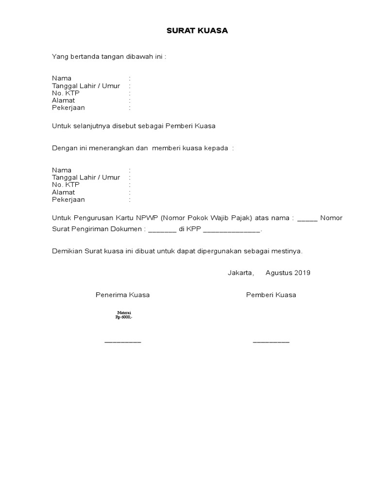 Surat Kuasa Pengambilan NPWP 2019 | PDF