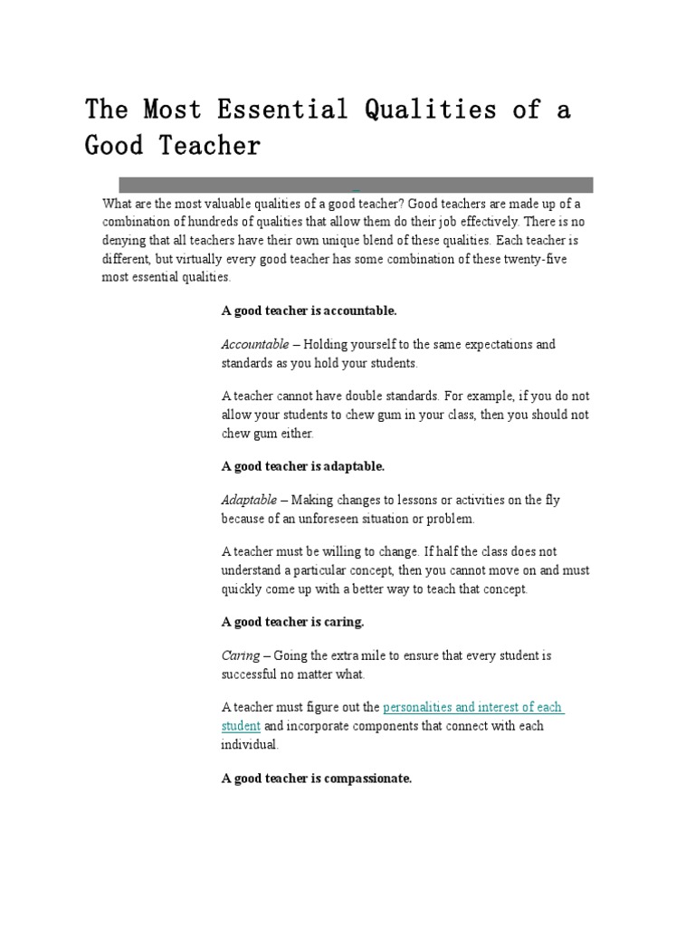 The Most Essential Qualities of A Good Teacher | PDF | Classroom ...