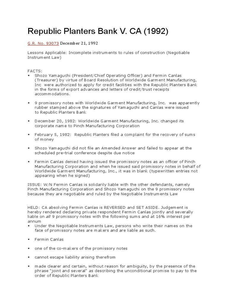 Republic Planters Bank Vs CA 216 SCRA 738 PDF Promissory Note