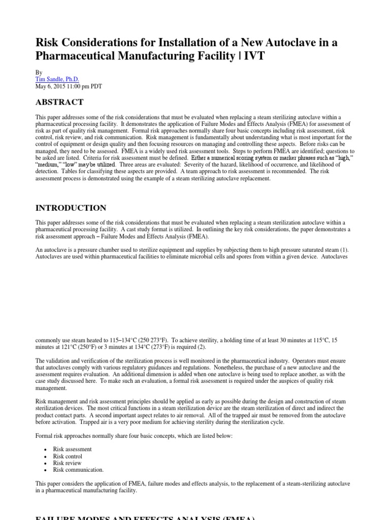 Risk Considerations for Installation of a New Autoclave in a