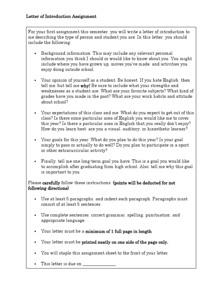 letter of introduction assignment | Paragraph | Learning