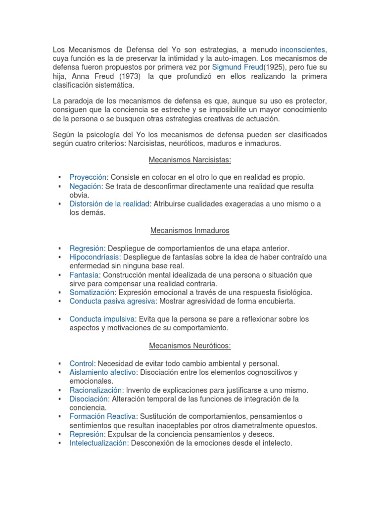 Los Mecanismos de Defensa Del Yo | PDF | Mecanismos de defensa ...