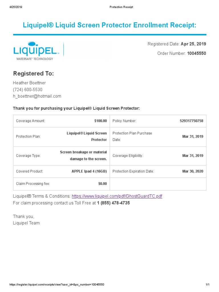 Liquipel® Liquid Screen Protector Enrollment Receipt Registered To PDF