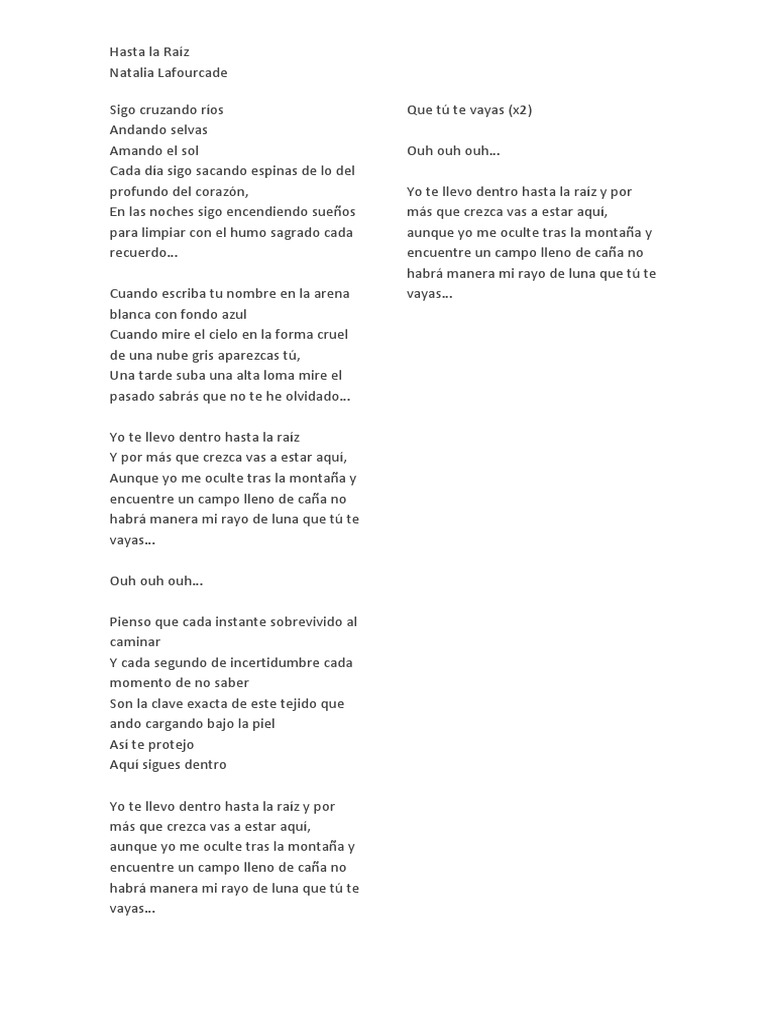 Hasta La Raiz Letra PDF