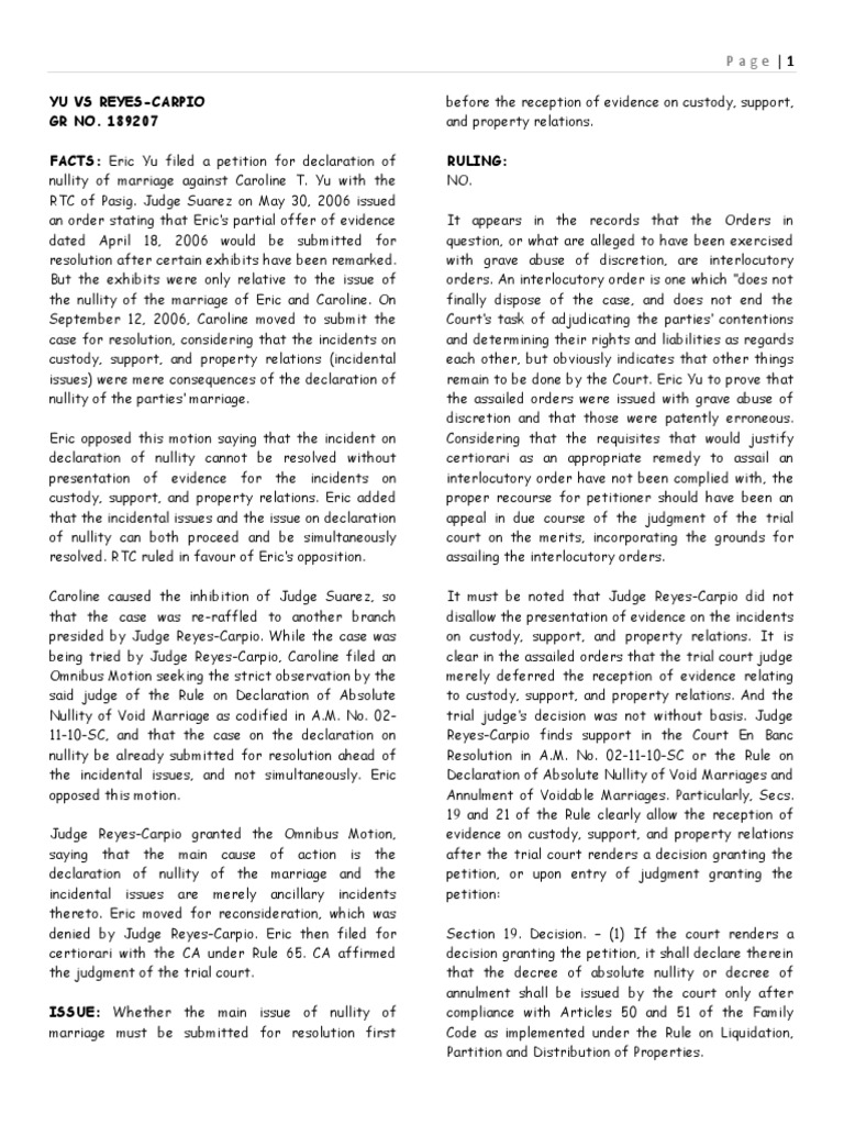 The Deferment of Evidence on Custody, Support, and Property Relations